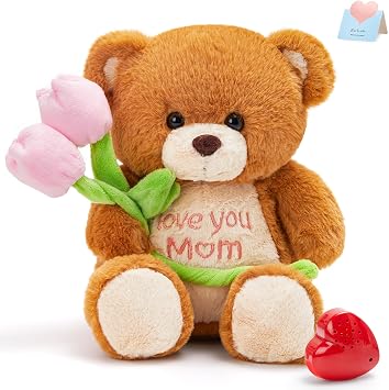10" Heartbeat Recordable Teddy Bear, Voice Recorder Love You Mom Bear Holding Tulips w/30 Sec Recorder, Sweet Messages Recording Playback Gifts for Mothers Day Mom