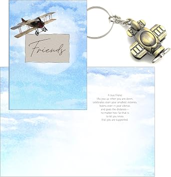Smiling Wisdom - Uplifting Friendship Greeting Card with Old Fashioned Plane Keychain Gift - Go the Distance No Matter How Far - Men Women - Bronze Airplane