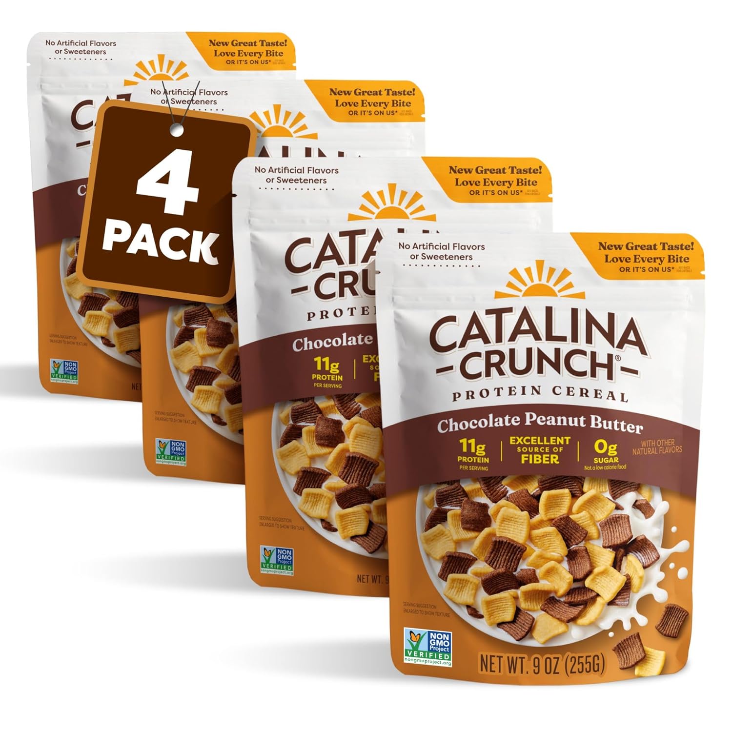 Catalina Crunch Protein Cereal - Sugar Free Breakfast Cereal with 11g of Protein - Gluten Free - Chocolate Peanut Butter - 9 oz. Bag (Pack of 4) (Packaging May Vary)
