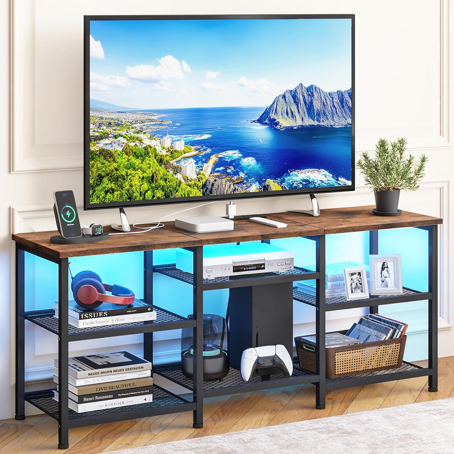 YGEOMER TV Stand for 55 Inch TVs, Entertainment Center with Movable Shelf Panels, Power Outlet and LED Lights Open Storage Shelves, TV Media Console Table for Living Room and Bedroom, Rustic Brown