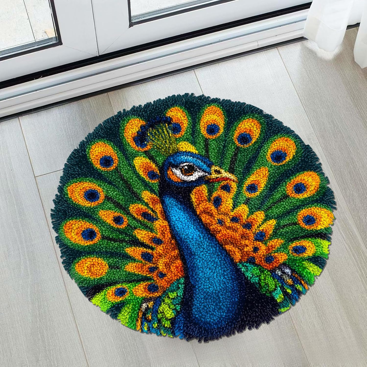 Latch Hook Rug Kit Peacock Stamped Handmade Round Shape Carpet Crochet Yarn Craft DIY Hook and Latch Door Mat Tapestry for Christmas Home Floor Decor 50x50cm(4)