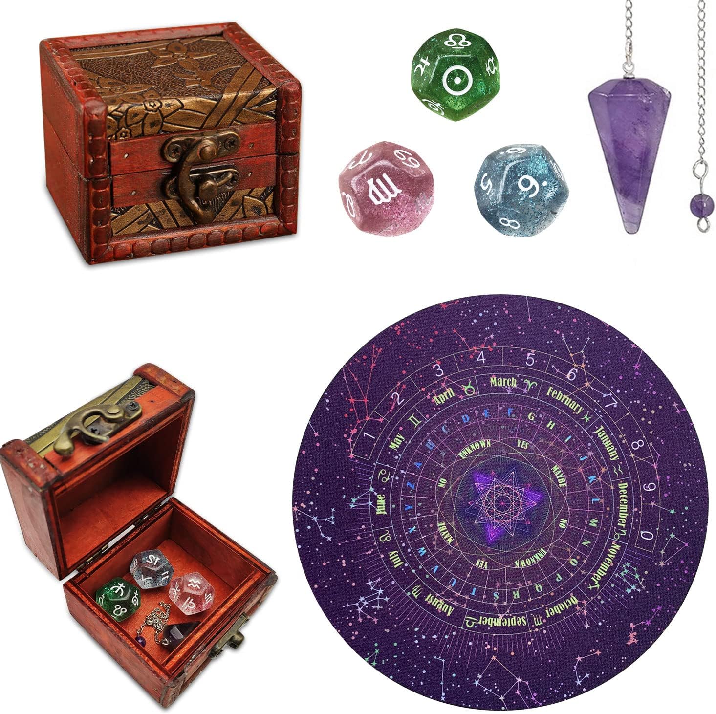 Knana 6Pcs Pendulum Board for Divination - Pendulum Crystal for Dowsing, Tarot Dice Astrology Dice with Box, Wiccan Supplies and Tools, Tarot Divination for Beginners