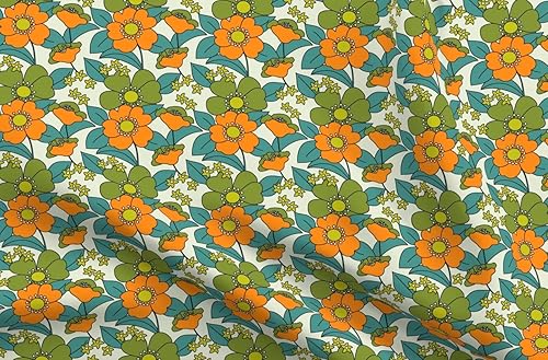 Spoonflower Tela  70S Floral Naranja Retro Divertido Hippie Medio Verde Oliva Verde Verde Turquesa Vintage Impreso en Petal Signature Tela de