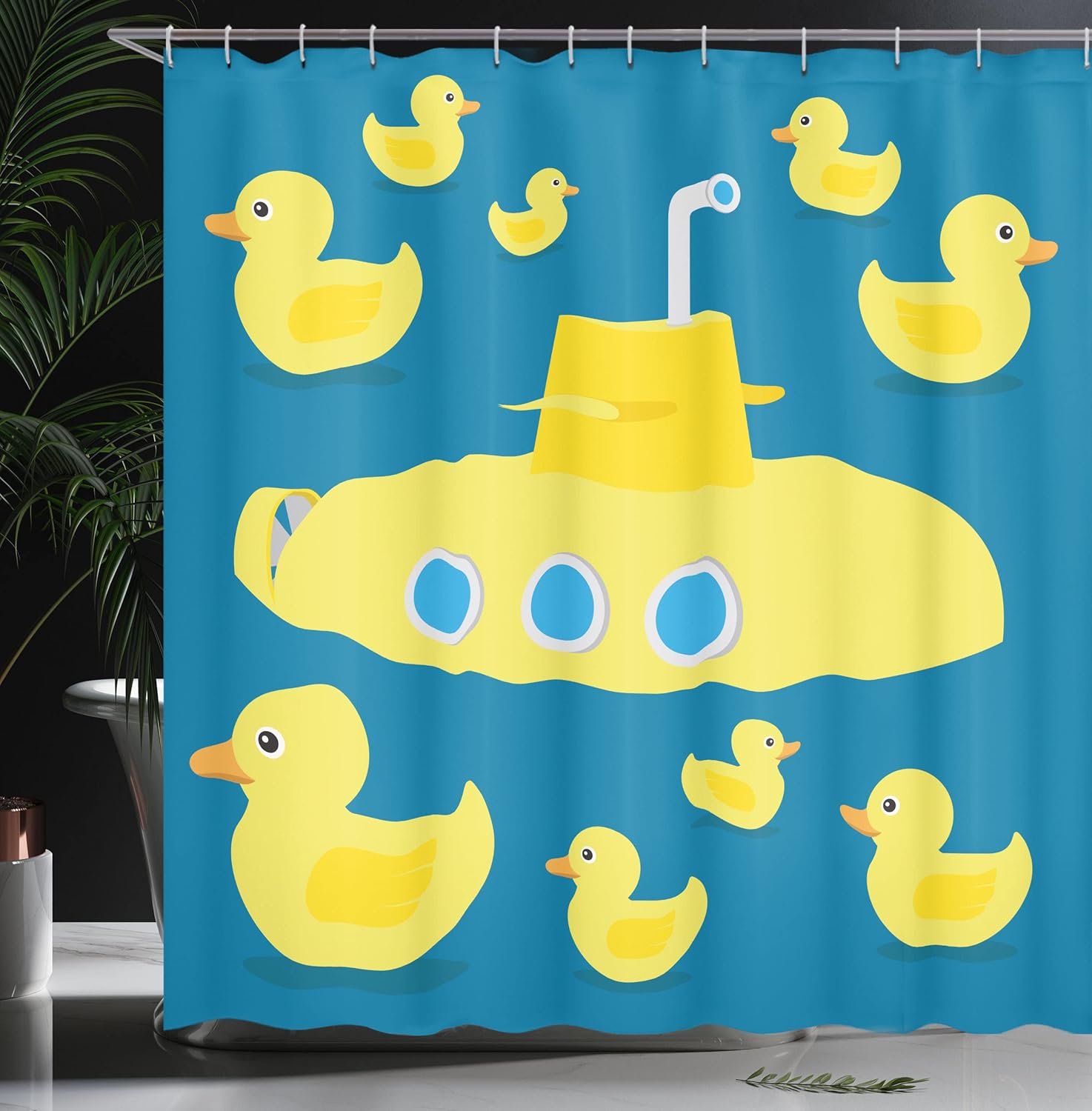 Ambesonne Rubber Duck Shower Curtain, Duckies Swimming in The Sea a Submarine Party Nautical Print, Cloth Fabric Bathroom Decor Set with Hooks, 69" W x 84" L, Navy Blue