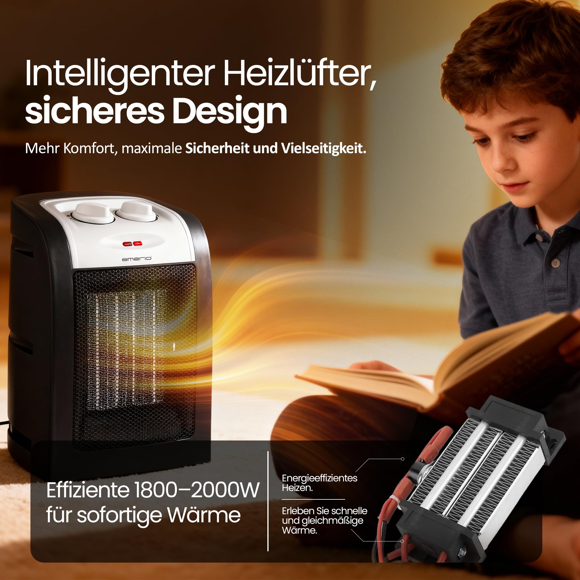Emerio FH-106145 - Termoventilatore in ceramica, 1800 W, due livelli di potenza, funzionamento a risparmio energetico grazie all'elemento riscaldante PTC (ceramica), termostato, con interruttore di