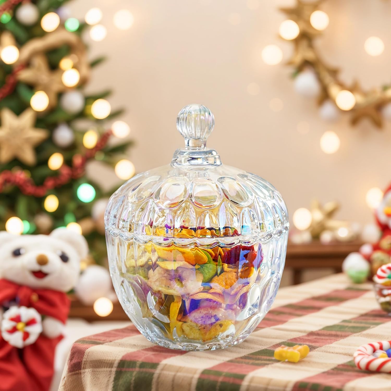 kanpura 650 ml/22 oz Large Glass Candy Dish with Lid Crystal Candy Bowl Decorative Storage Jar for Office Desk, Jewelry Box, Biscuit, Christmas, Wedding, Birthday Gift for Women (Colorful) - Image 6