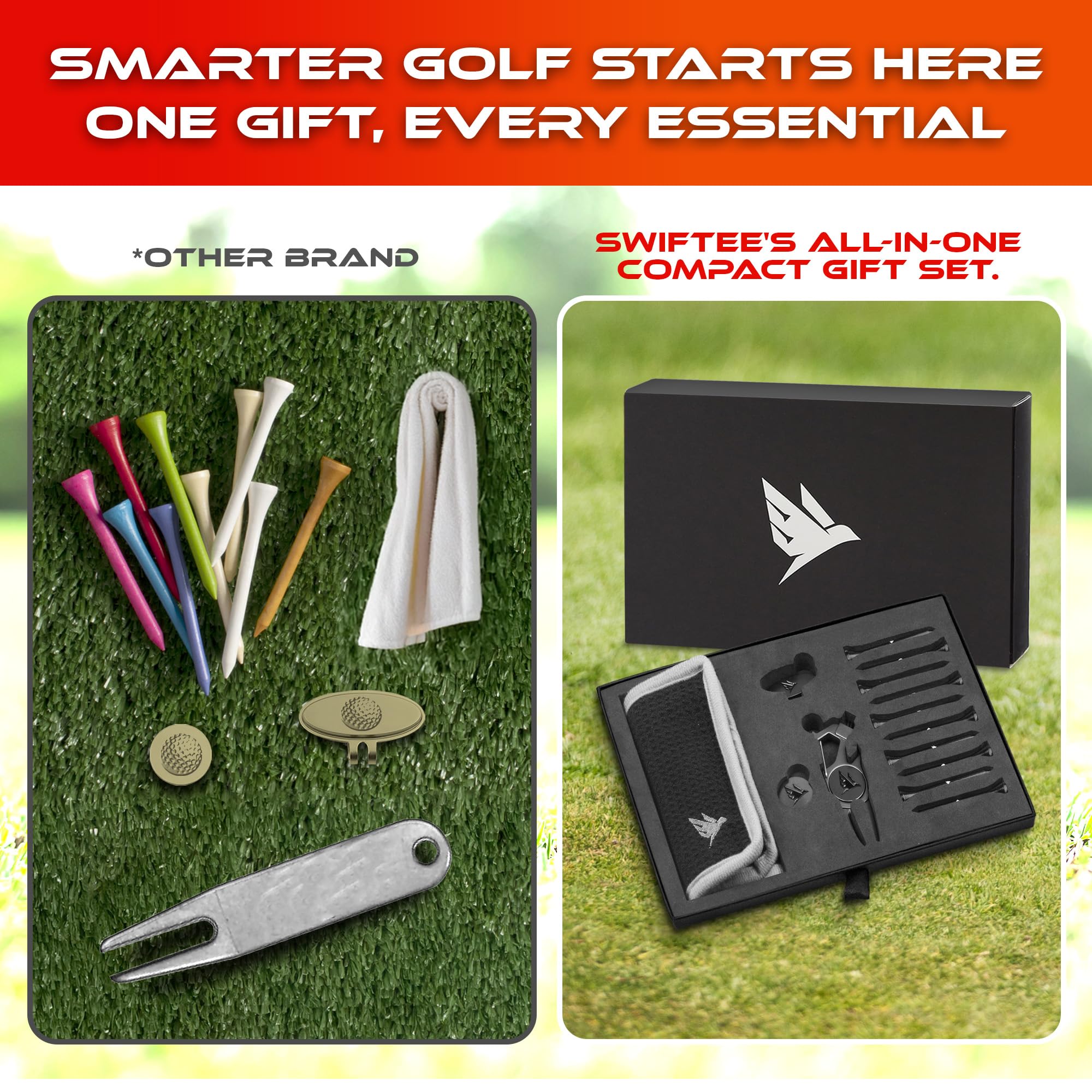 SWIFTEE Coffret cadeau de golf Premium – Outil multifonction 7 en 1 pour golfeurs + ensemble complet d'accessoires (Tees, marqueur de balle, clip de chapeau, pochette) – Cadeau de golf parfait