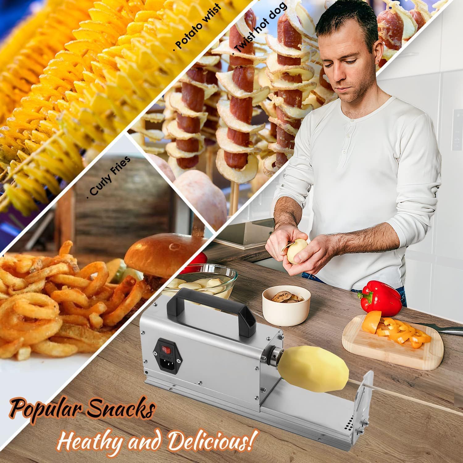 3 in 1 Electric Potato Twister, 110V Spiral Potato Slicer Machine with 2 Blades, Commercial & Home Use Tornado Cutter for Potatoes, Carrots, Cucumbers, 0.078" & 0.098" Slice Thickness