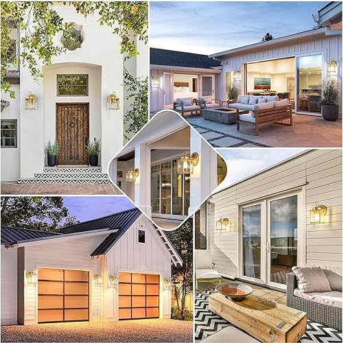 Miniatura 5 de Farol de pared para exteriores, aplique de pared impermeable exterior, iluminación de pared dorada para puerta delantera con pantalla de vidrio