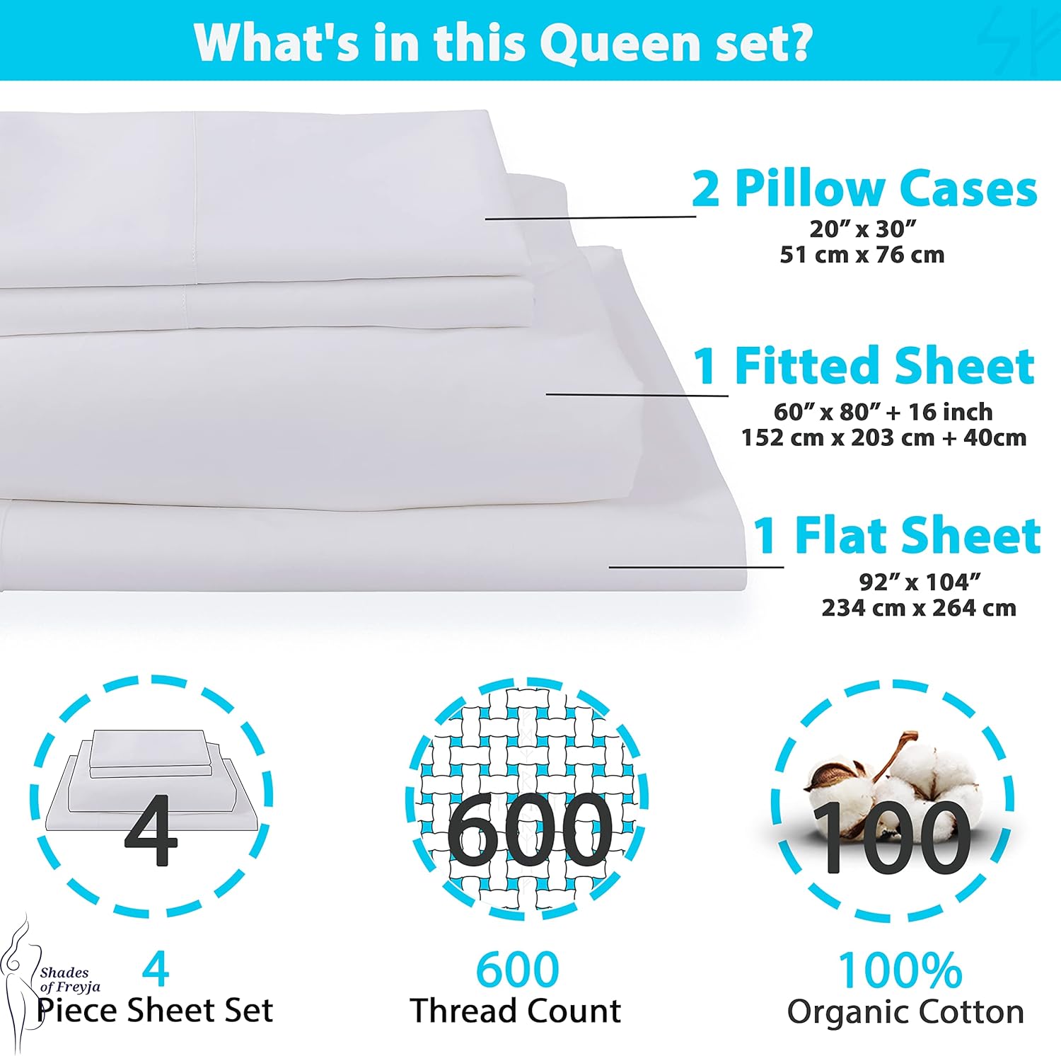 100% Cotton Sheets Set Queen Size - 600 Thread Count. 4-Piece Bedding Set with 16'' Deep Pocket. Sheets Premium Hotel Quality Soft & Silky Sateen Weave Bed Sheets. White