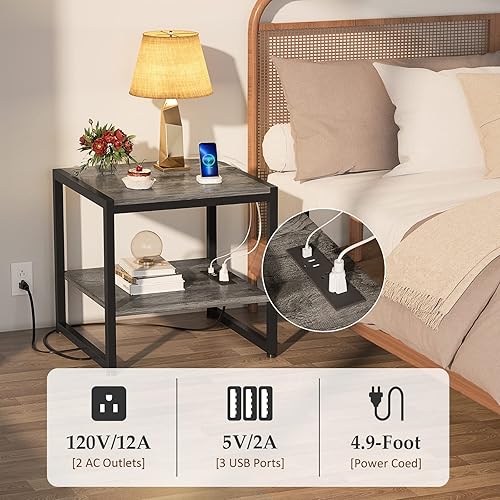 Miniatura 4 de Homieasy Mesa auxiliar con estación de carga mesa auxiliar cuadrada de 20 pulgadas con puertos USB y tomas de corriente mesita de noche gris con