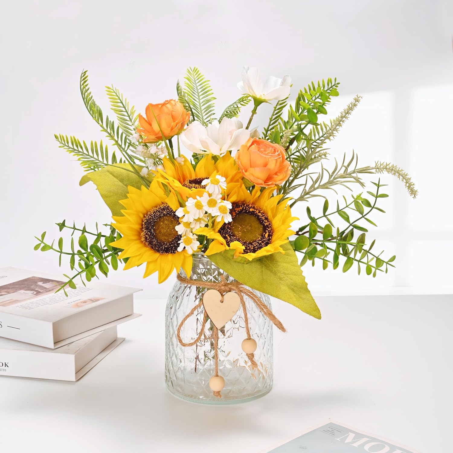 LUEUR Artificial Faux Flowers in Vase for Home,Silk Sunflower Bouquet Fake Flowers with Pot Silk Sunflower Arrangement with Vase Suitable for Fall, Spring Decor Office Decoration Table Cenerpiece