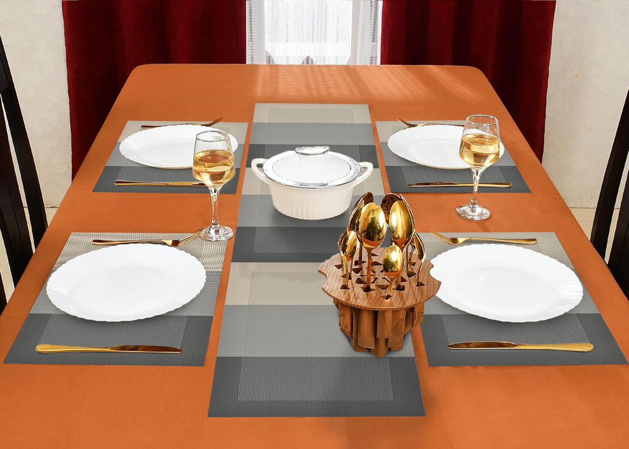 Yellow Weaves Placemats & Runner Set - Beige Brown -21