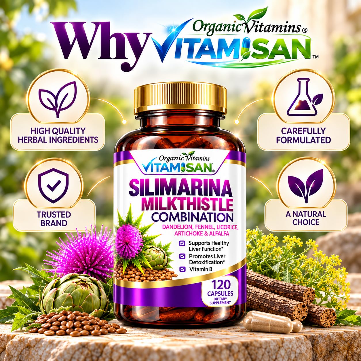 VITAMISAN Milk Thistle silimarina with Dandelion, Fennel. Licorice, Artichoke Alfalfa Detox & Cleansing Formula Support Liver 120 Capsules — Amazon image 3