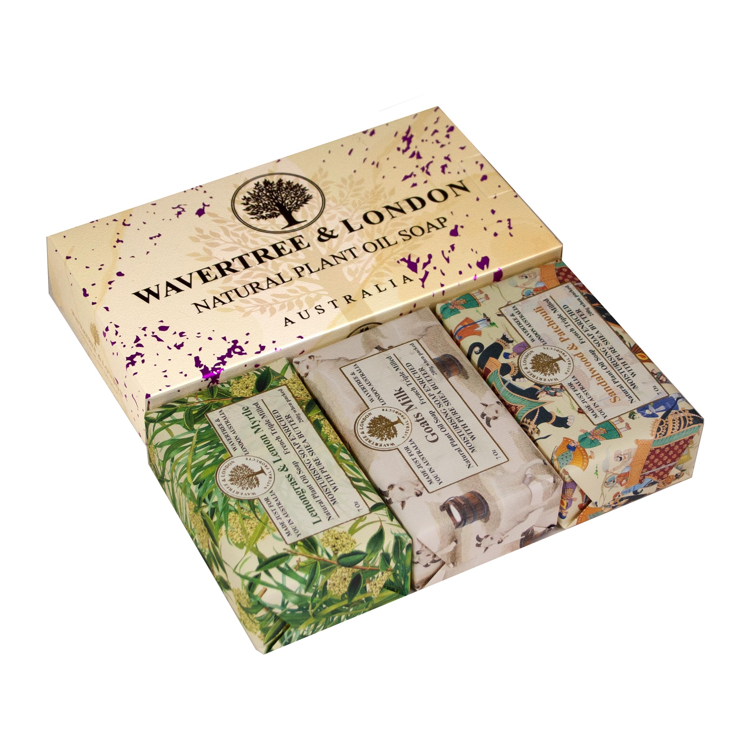 Wavertree & London Trio Gift Box (3 Bars) - 7oz Lemon Myrtle, Goats Milk, Sandalwood Patchouli Scented Moisturizing Triple Milled Natural Soap Bars -