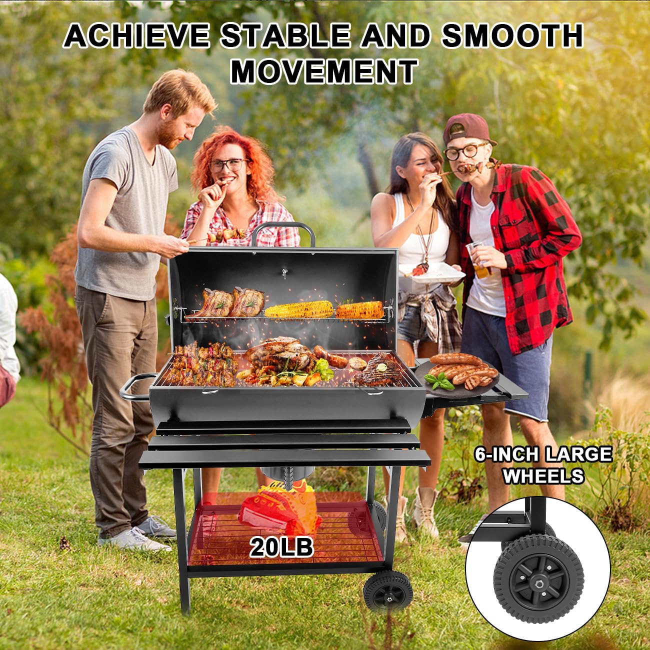 Parrilla de carbón con medidor de temperatura, parrilla grande para exteriores con mesa auxiliar, espacio de cocción de 565 pies cuadrados para 8-12 personas, ideal para acampar y barbacoa 7
