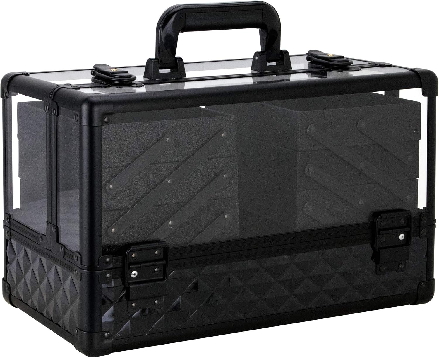 Ver Beauty 3.8mm Armored Acrylic Makeup Case Jewelry Portable Travel Art Craft Tattoo Organizer with 6 Extendable Trays Clear Cover Micro-Fiber Cloth Brush Holders Keylocks, Black Diamond