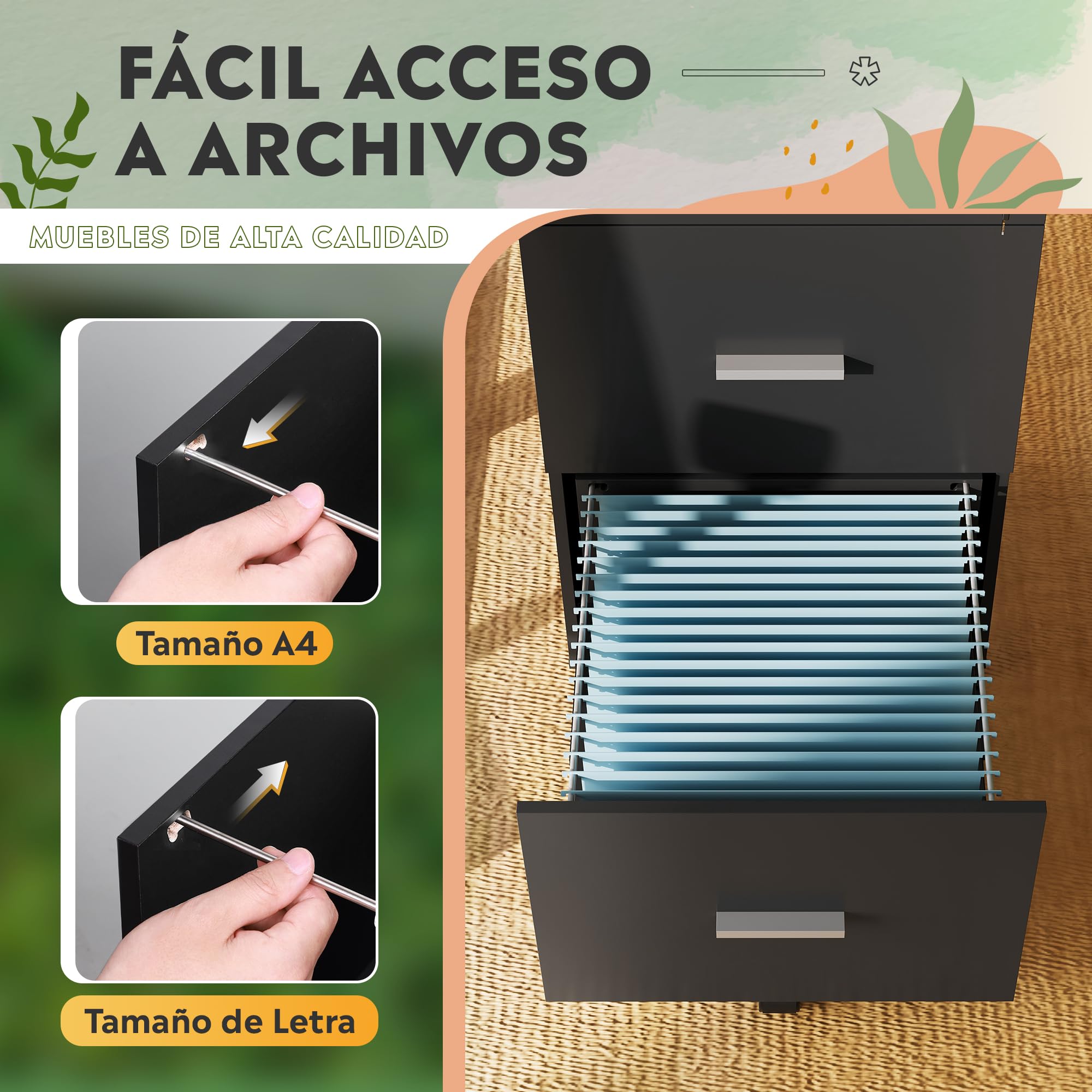 DEVAISE Archivador de 3 Cajones con Cerradura, Mueble Bajo Escritorio en Madera con Ruedas para Documentos A4 Carta, Negro Moderno para Hogar Oficina
