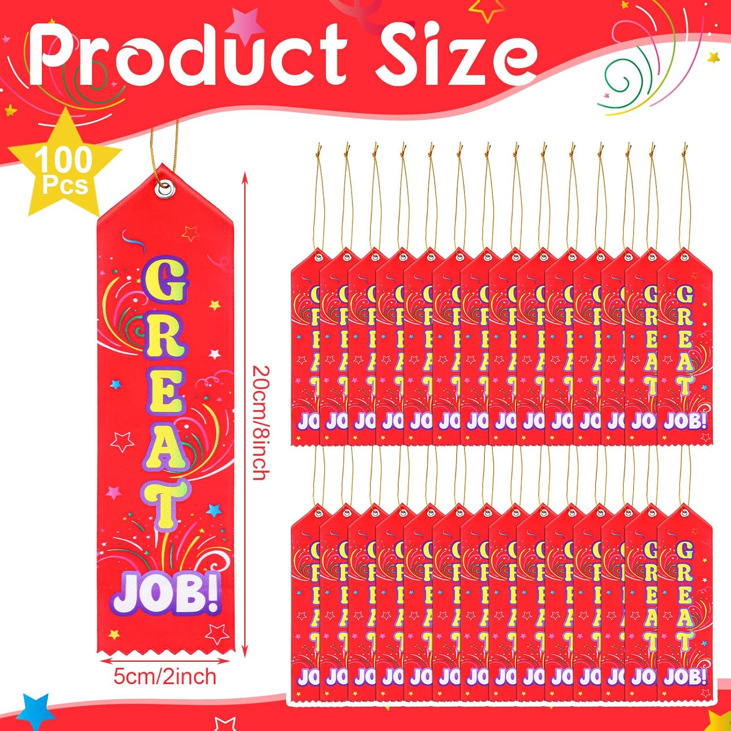 Wavwavw 100 Pcs Great Job Award Ribbons Bulk 8" x 2" Prizes Ribbons with Event Card and String Award Prize Gift for Tournaments Competitions Party Classroom Home Study Supplies