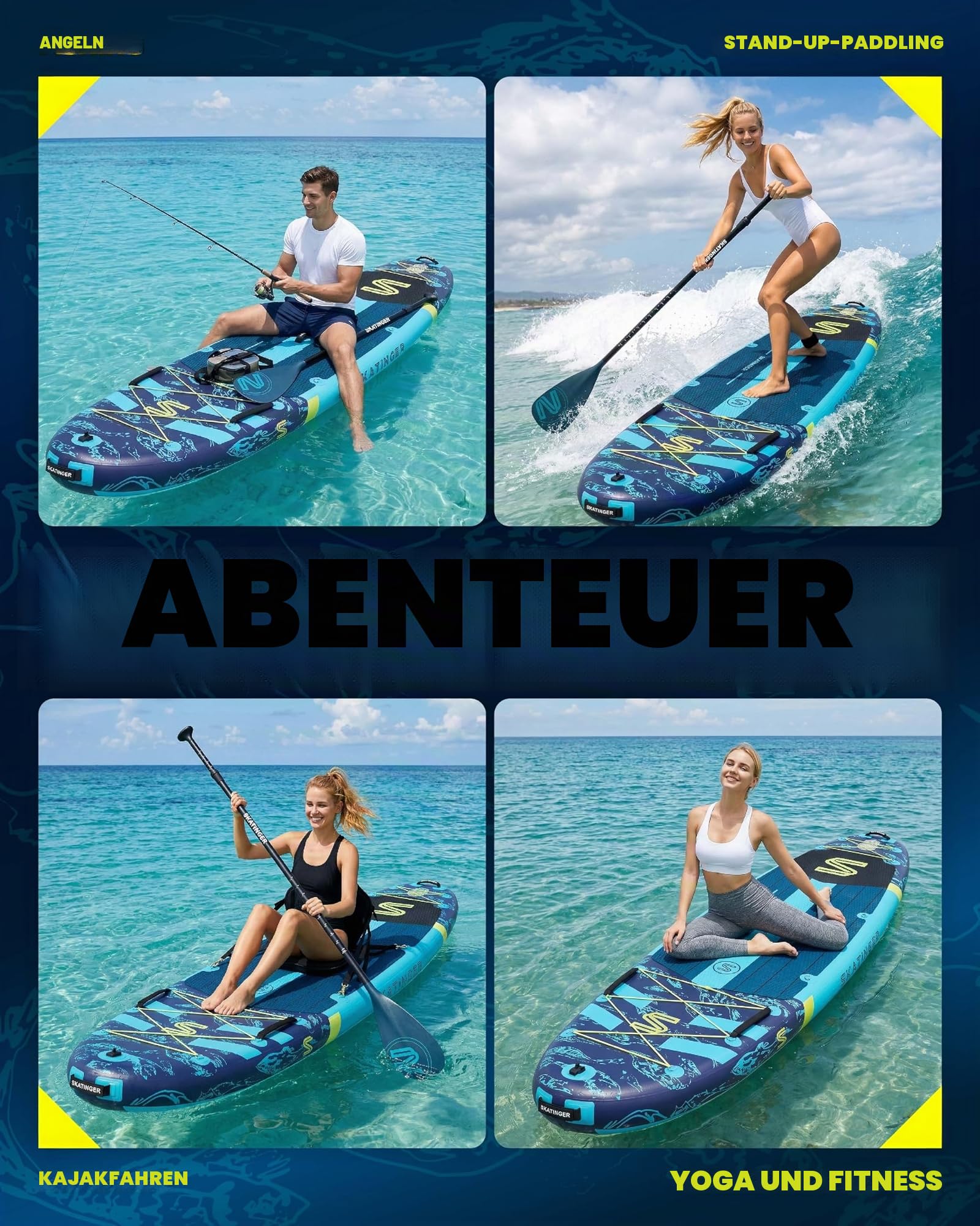 Skatinger 11'6×35' Super Wide Aufblasbares Stand Up Paddle Board, Ultra Stabiles Breites SUP für 2+1 Personen/Familie/Big Size mit Schultergurt, 100L Rucksack, Allround-Sup Board, US-Flosse