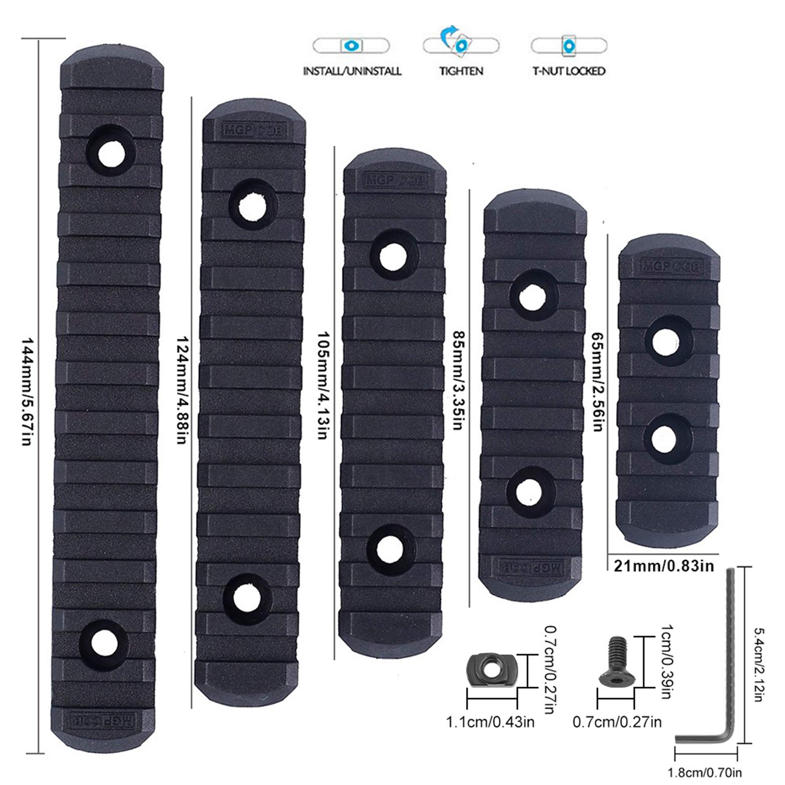 Rail Picatinny Pack 5 Rieles + Tornillos Mlok y Llave Airsoft para Rifle 20/21mm Tactico Adaptador Weaver Accesorios Arma de Caza Montura Visor de Paintball Handguard Keymod