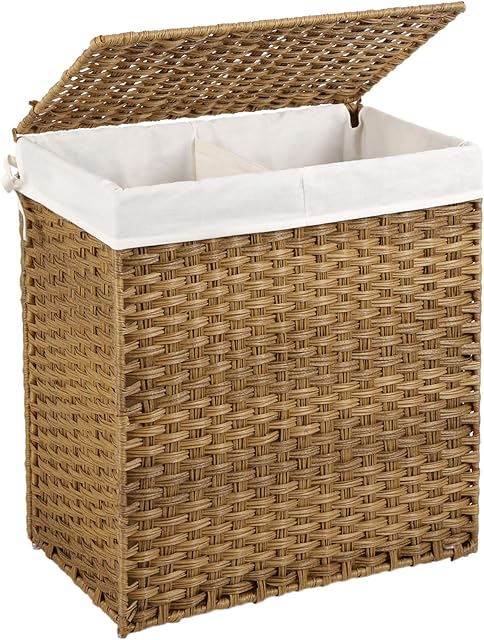 SONGMICS Handwoven Laundry Basket, 110L Synthetic Rattan Divided Clothes Hamper with Lid and Handles, Foldable, Removable Liner Bag, Natural LCB52NL