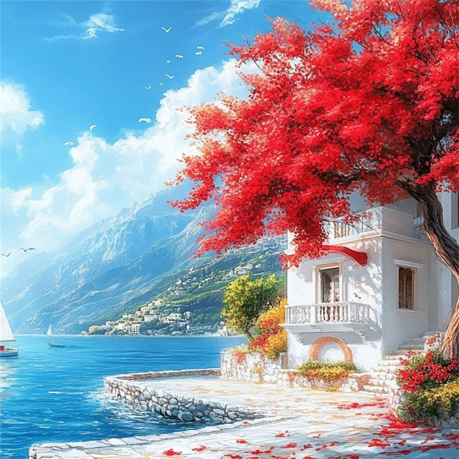 Diamond Painting Adulti, Paesaggio Diamond Painting Kit Completo, 5D Pittura Diamante Bambini Attività Manuale Creativa e Regalo, Diamantini Crystal Art Tela Fai Da Te Kit 80x80cm mediterraneo FX#229