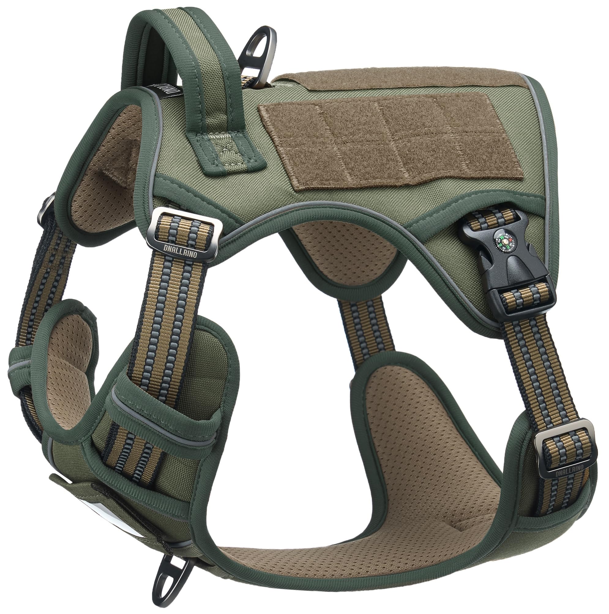 DNALLRINO Tactical Dog Harness for Medium & Large Dogs, Green Adjustable No-Pull Control with Handle, Heavy Duty Reflective Vest - Size S