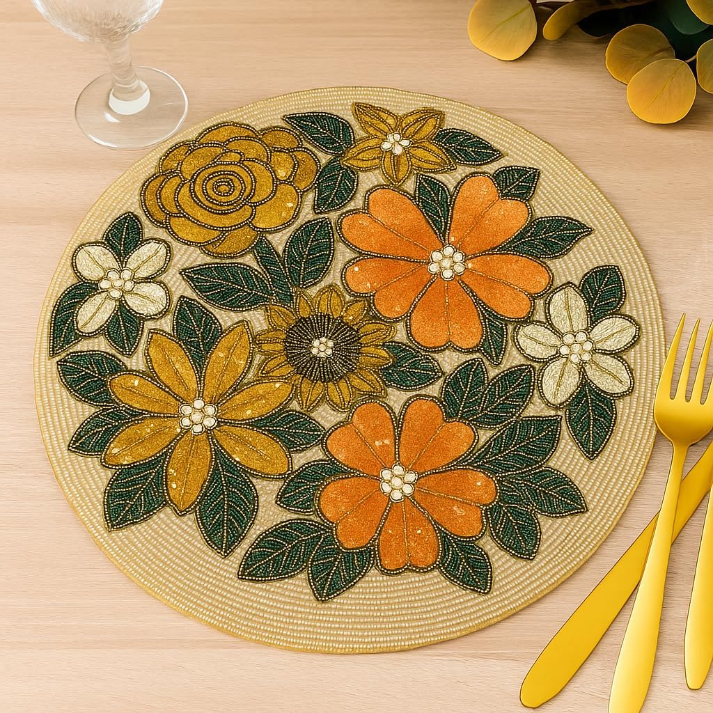 Set of 2 Handmade Beaded Placemat – 14x14 Inch Round Floral Table Mat for Dining Room, Decorative Beaded Charger Plate for Fall, Thanksgiving, and Festive Table Decor.
