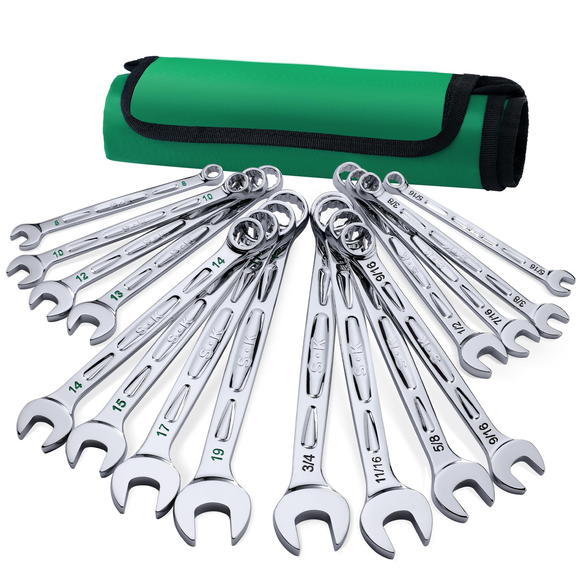 SK Juego de llaves combinadas, SAE de 5/16 a 3/4 pulgadas, métricas de 8 mm a 19 mm, 16 piezas, acabado SuperKrome, construcción Preminum CR-V, con bolsa rodante