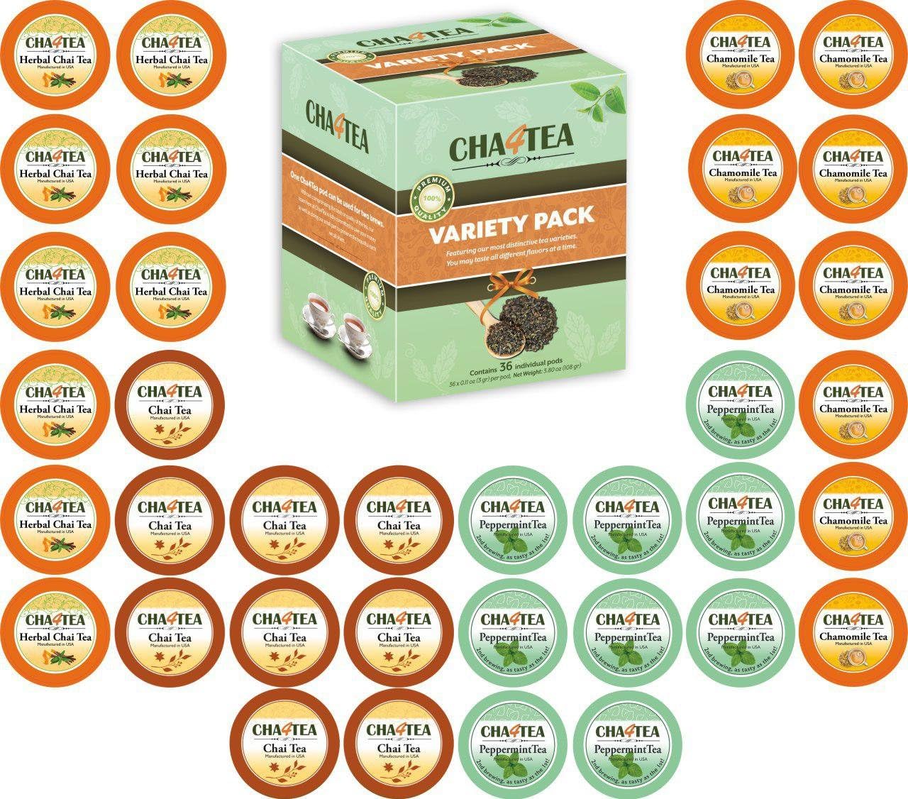 Cha4TEA 36-Count Herbal Tea Pods Compatible With Keurig K-Cup Brewer (Peppermint, Herbal Chai and Camomile, Chai Black Tea)
