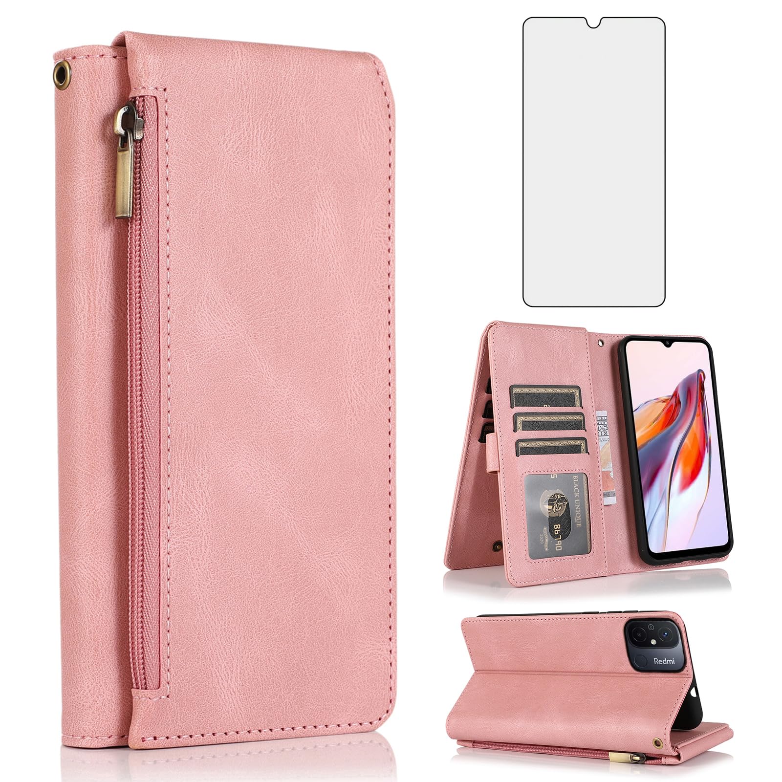 Asuwish Handyhülle für Xiaomi Redmi 12C Hülle mit Band Folie Schutzfolie Kartenfach Klappbar Leder Geldbörse Ständer Poco C55/Redmi12C 12 C 128GB Handy Hüllen Schutzhülle Wallet Phone Case Roségold