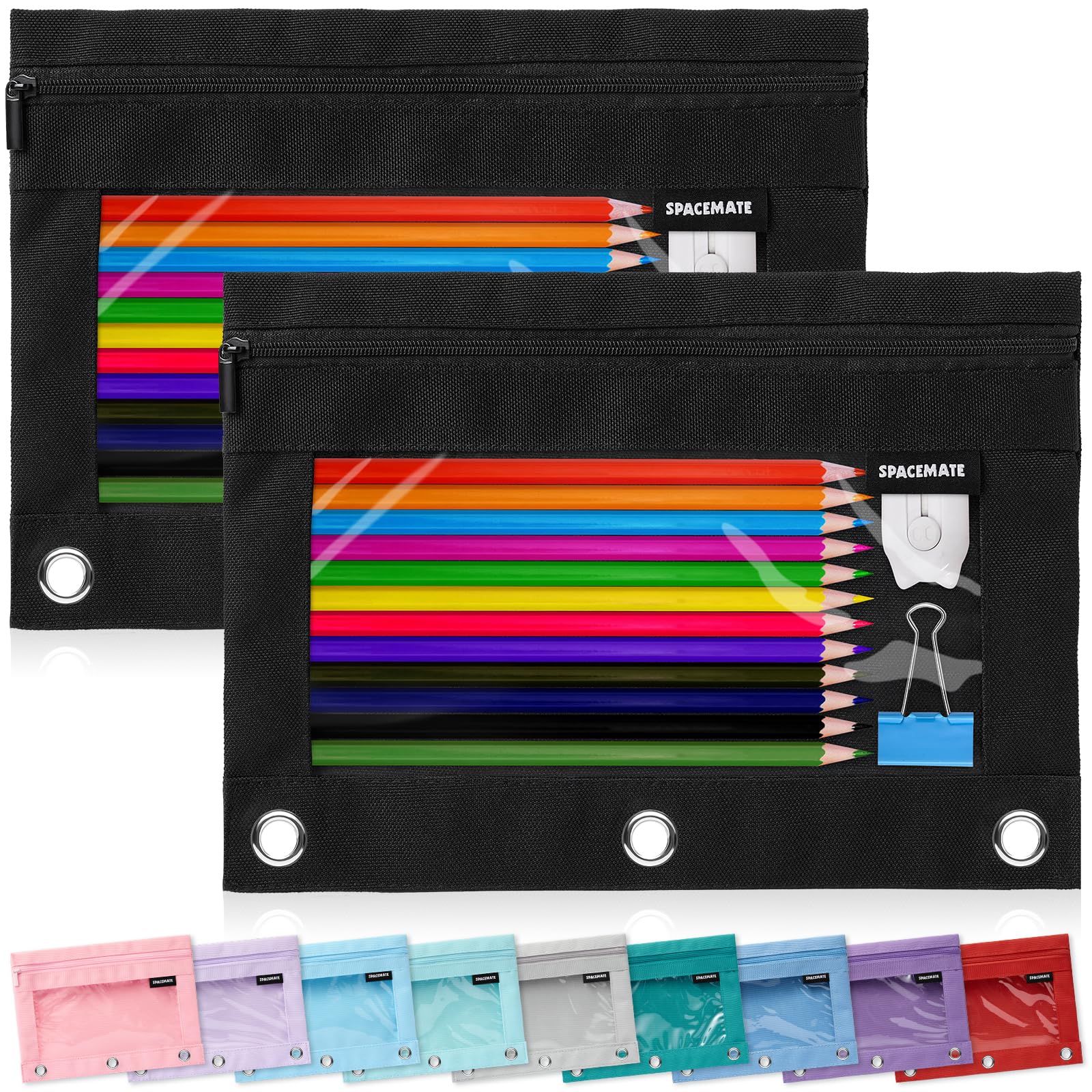 SPACEMATE 2 Pack Pencil Pouch for 3 Ring Binder, Clear 3-Hole Zipper Case