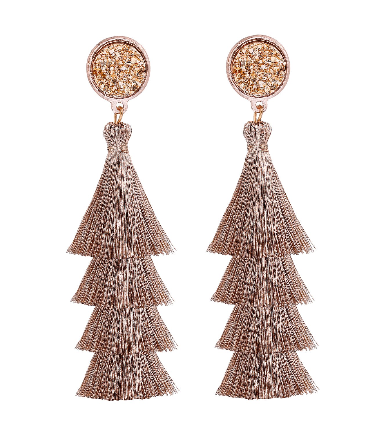 VOGUEKNOCK Tiered Tassel Drop Earrings Druzy Round Top Earring Studs for Women
