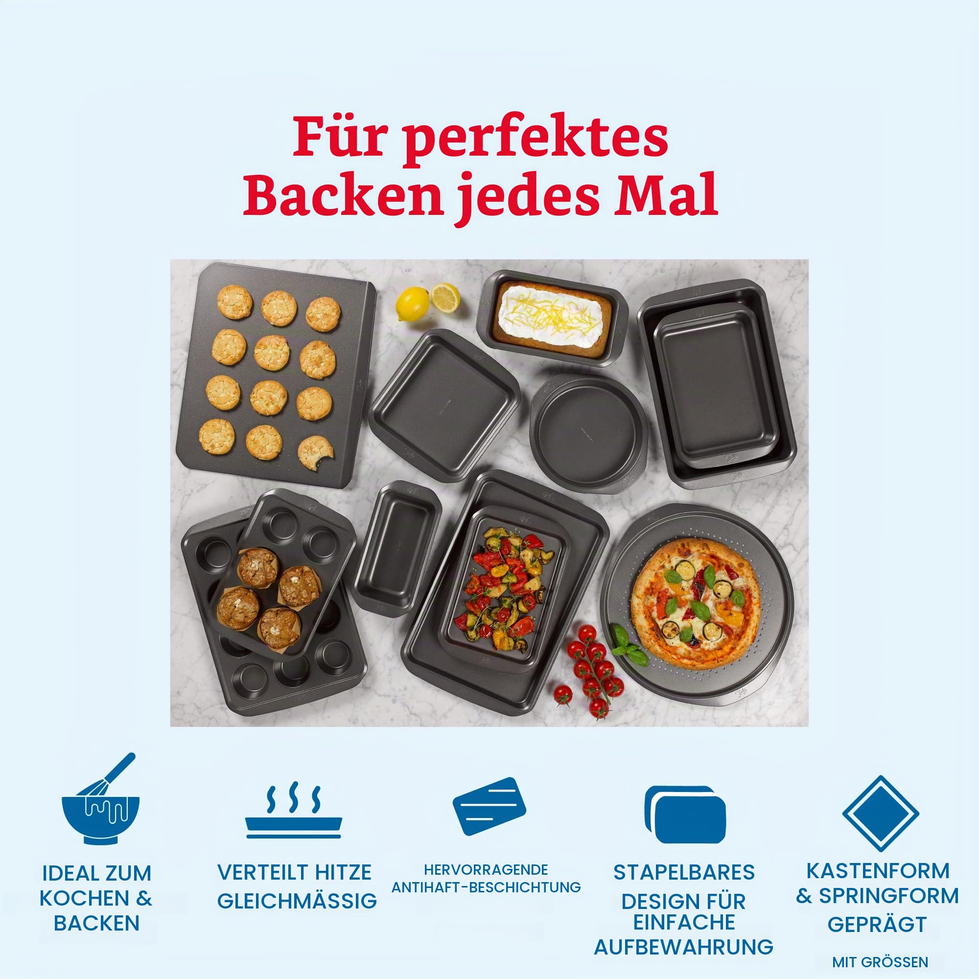 Tala Everyday Back-Set, essenziell, antihaftend, Kuchenform, breite, flache Griffe, einfaches Ablösen von Lebensmitteln, inklusive Springform-Kuchenform, Kastenform und Backblech, spülmaschinen