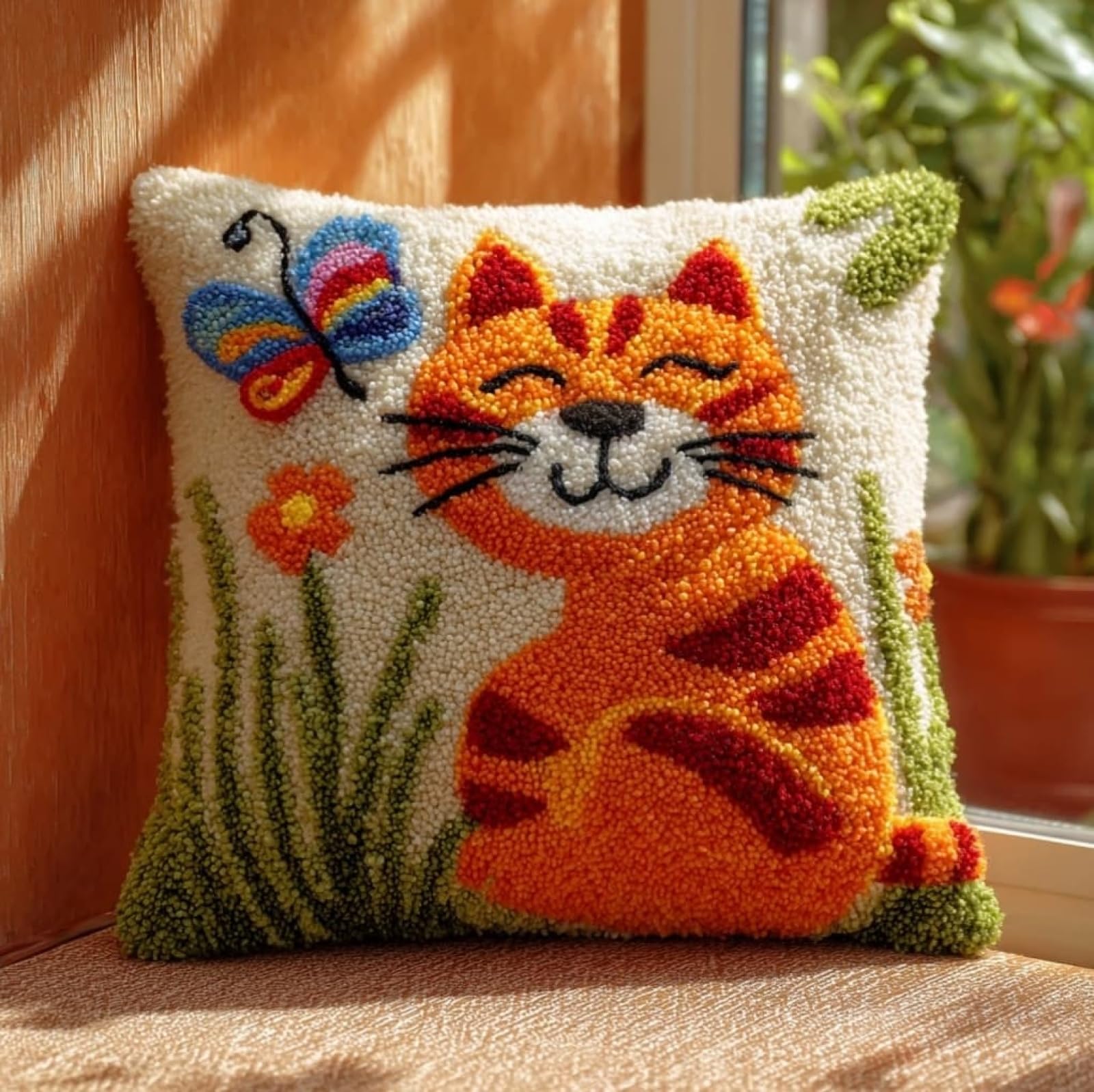 AxiangziK 43x43cm Latch Hook Cushion Making Kit,Cats and Butterflies DIY Latch Hook Pillow Cover kit,Soft Yarn Pillow Set,Ideal Creative Gift for Adults