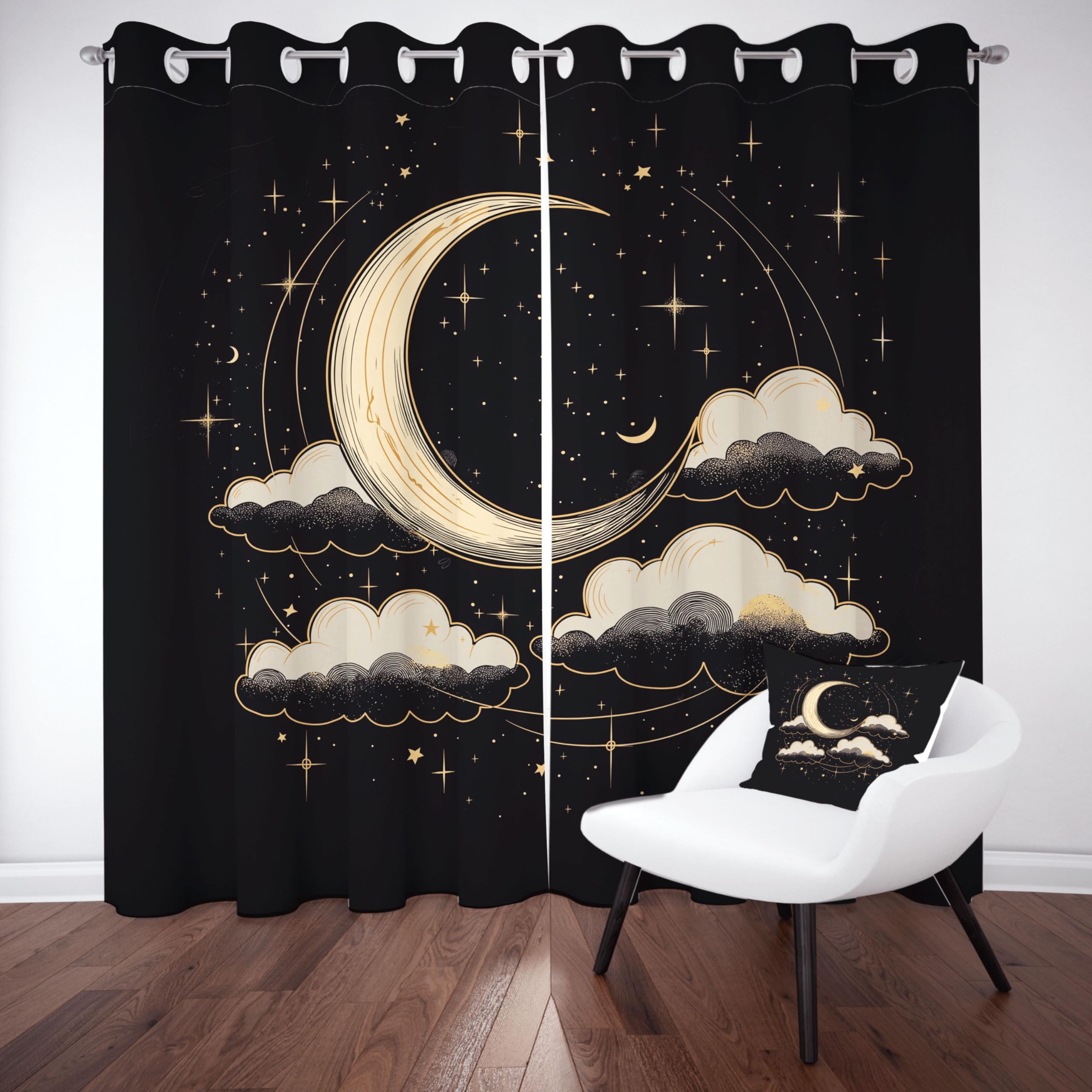 Mond Sternenhimmel Stern Blickdichte Vorhang mit Ösen, Nachthimmel Wolke Verdunkelungsvorhang Ösenvorhang Wohnzimmer Thermogardine Hitzeschutz Sonnenschutz 2er Set H245 x B140 cm