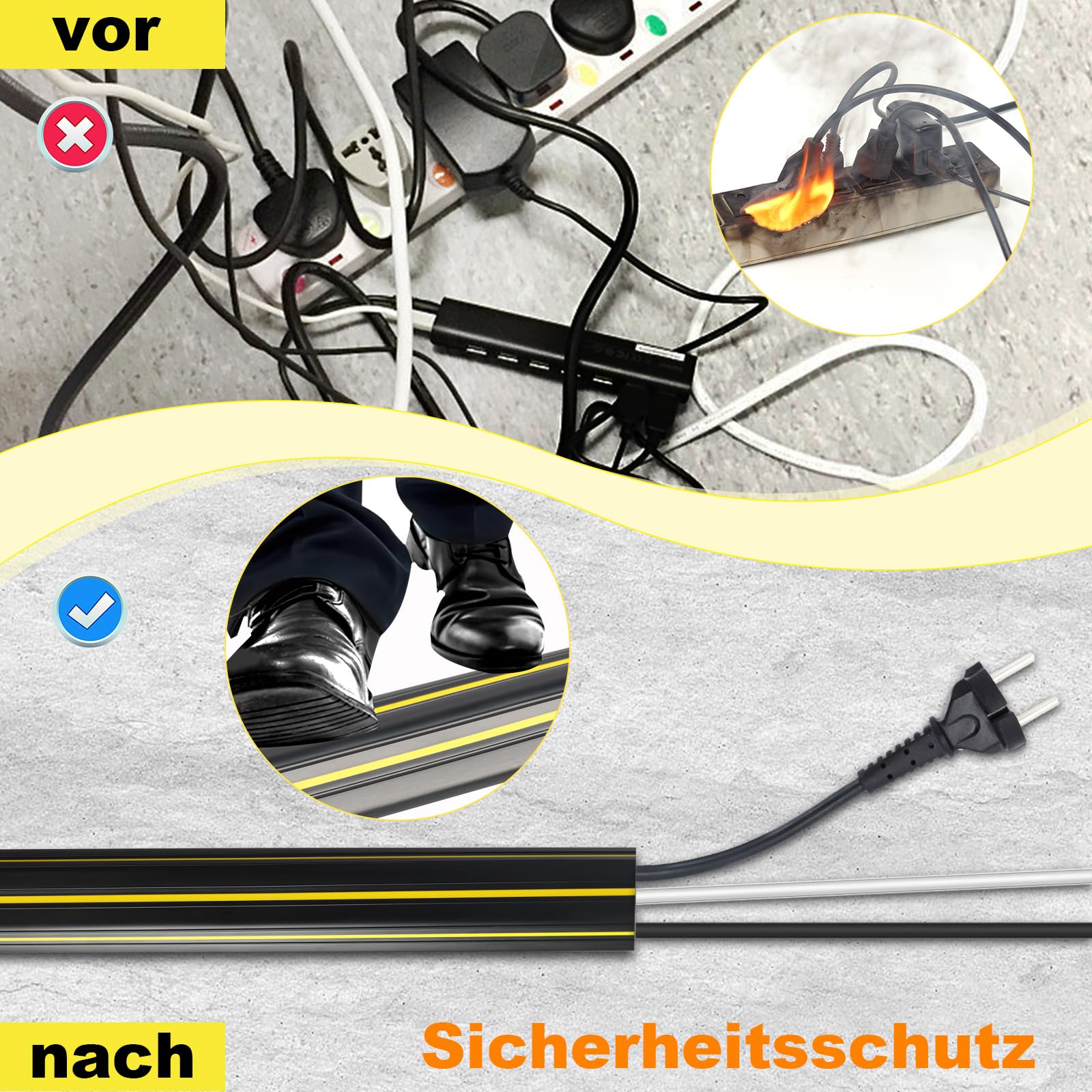 Kabelkanal Boden Flach - 4m PVC Kabelbrücke Boden, 3 Bodenkanal Für Kabel, Bodenkabelschutz Zuschneidbar Boden Drahtabdeckungen für Haus, Büro, Werkstatt, Lager (Schwarz)