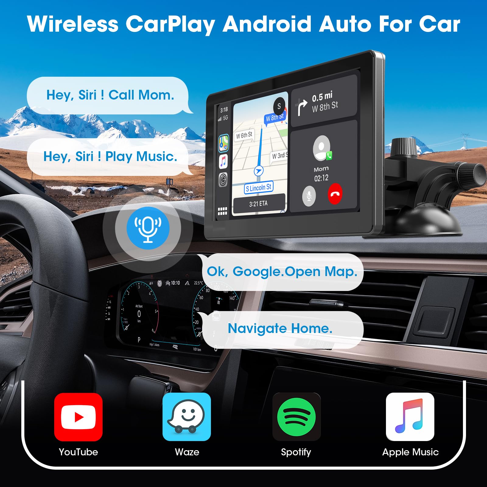 Car Screen Wireless Apple CarPlay - Portable Android Auto Car Stereo - 9 Inch IPS Display Bluetooth AirPlay Navigation