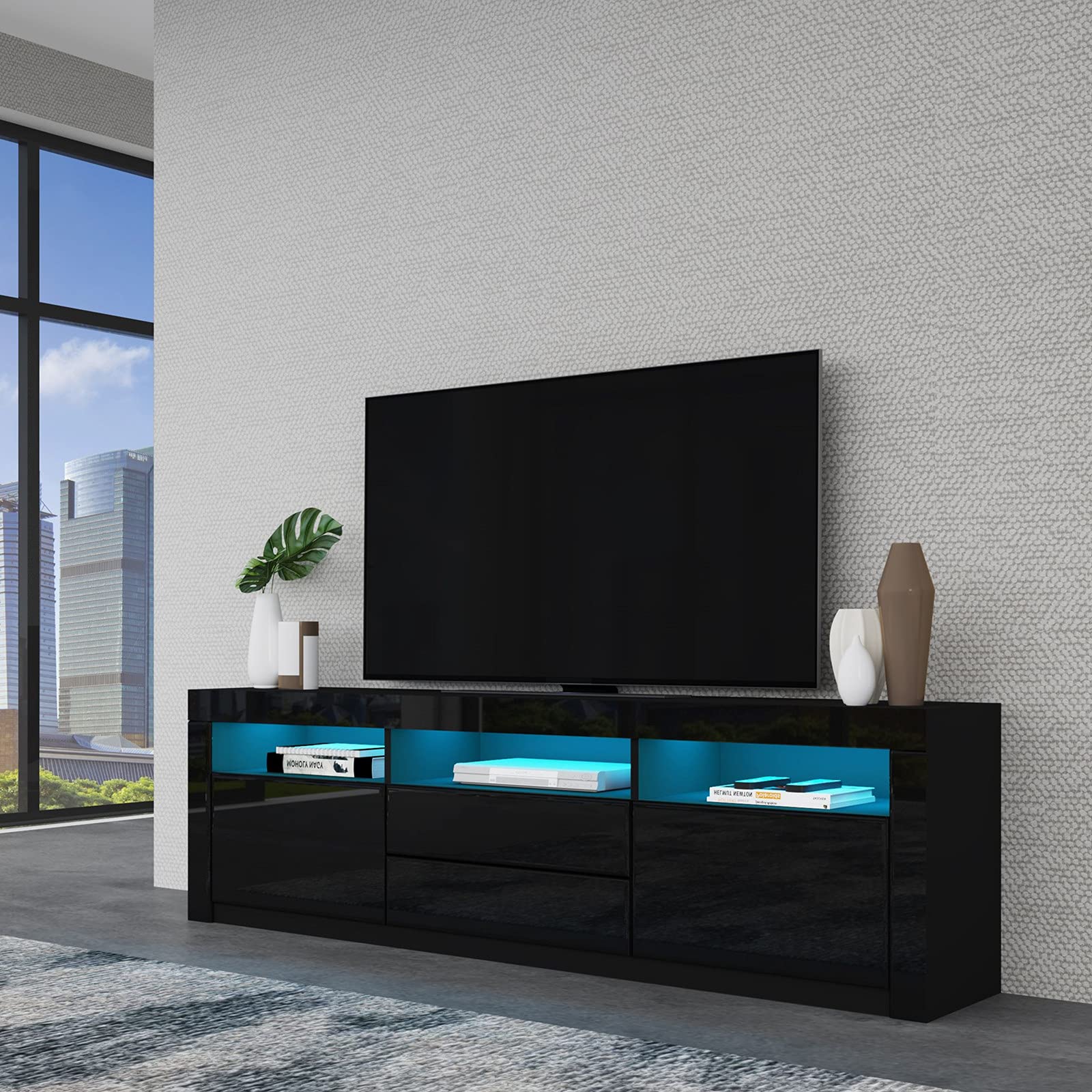 LED TV Stand Cabinet, Black Gloss TV Unit with LED Lights, Modern High Gloss TV Stand Unit with 2 Doors 2 Drawers and Open Shelves, TV Entertainment Unit for Living Room Home Furniture 160CM