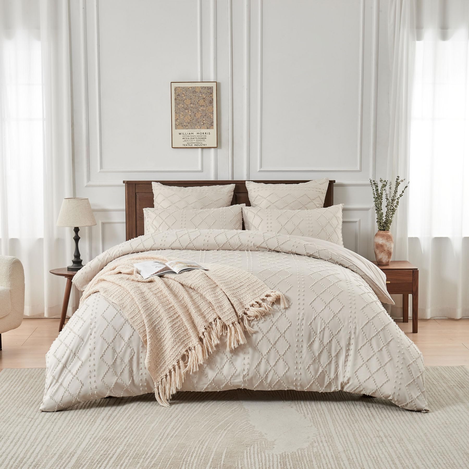 Housse de Couette 220x240 Bohème Beige Tuftée Parure de Lit Bohème Style Géométrique Grille Carrée Linge de Lit 2 Personne Adulte avec Fermeture Éclair avec Taies d'oreiller 65x65 cm