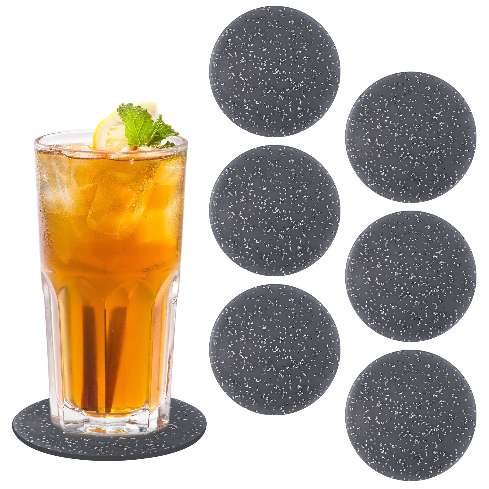 Crushed Diamond Acrylic Coaster, 6 Pieces, 3.7 Inch Round, Heat Resistant, Anti Slip, Durable Cup Mats for Home, Party, Festival Decoration (Black)