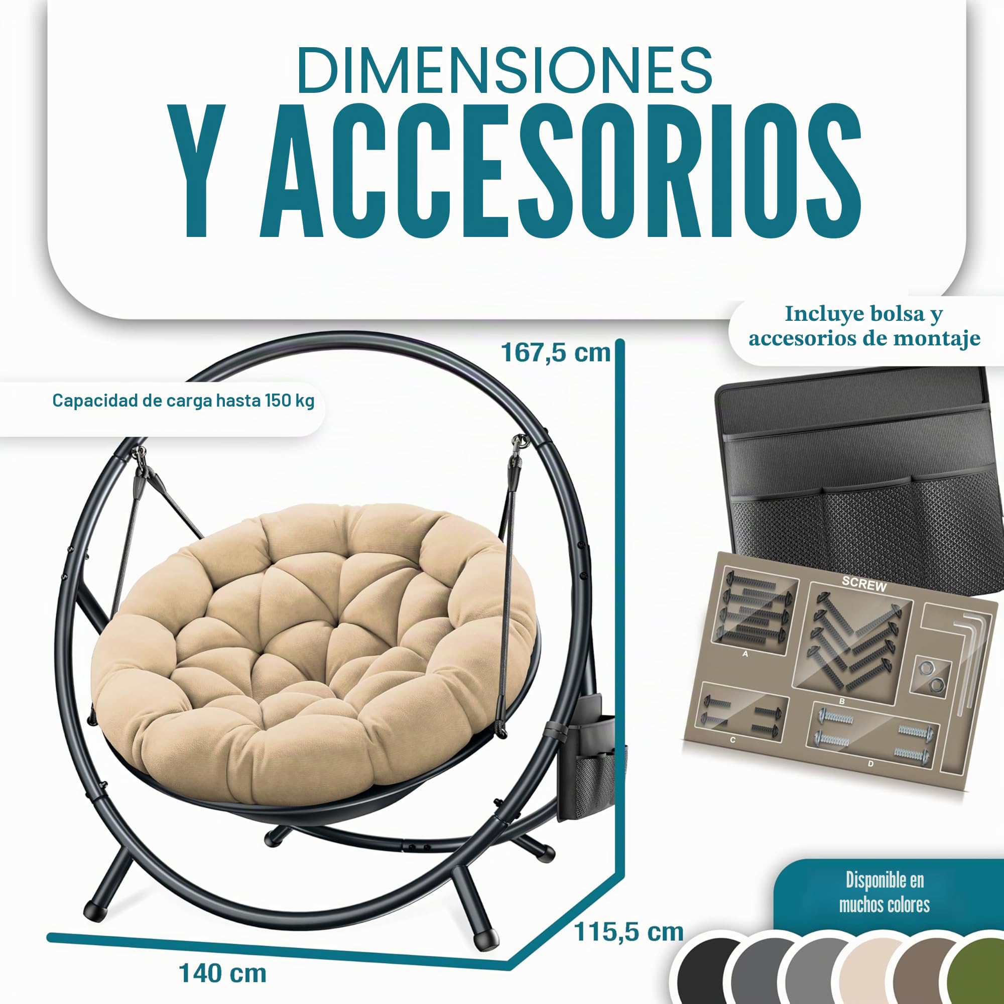 KESSER Silla colgante con estructura Bali, columpio colgante de hasta 150 kg, para interior y exterior, cojín y bolsillo lateral, cesta colgante, estructura de acero y cojín de espuma, ideal para