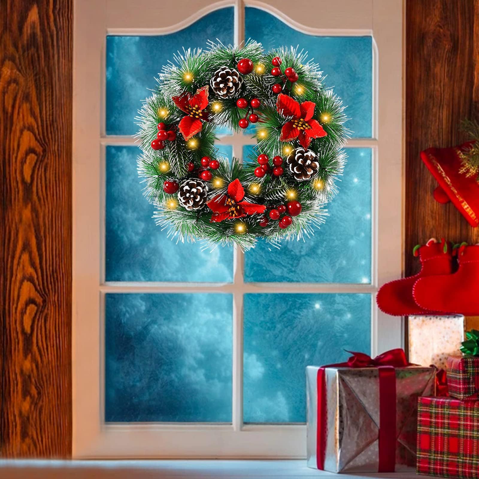 Ghirlanda di Natale (30 cm) Con LED, Fiocco, Palla di Natale, Fiocco di Neve, Bacche per Porta di Casa, Caminetto e Decorazione da Parete