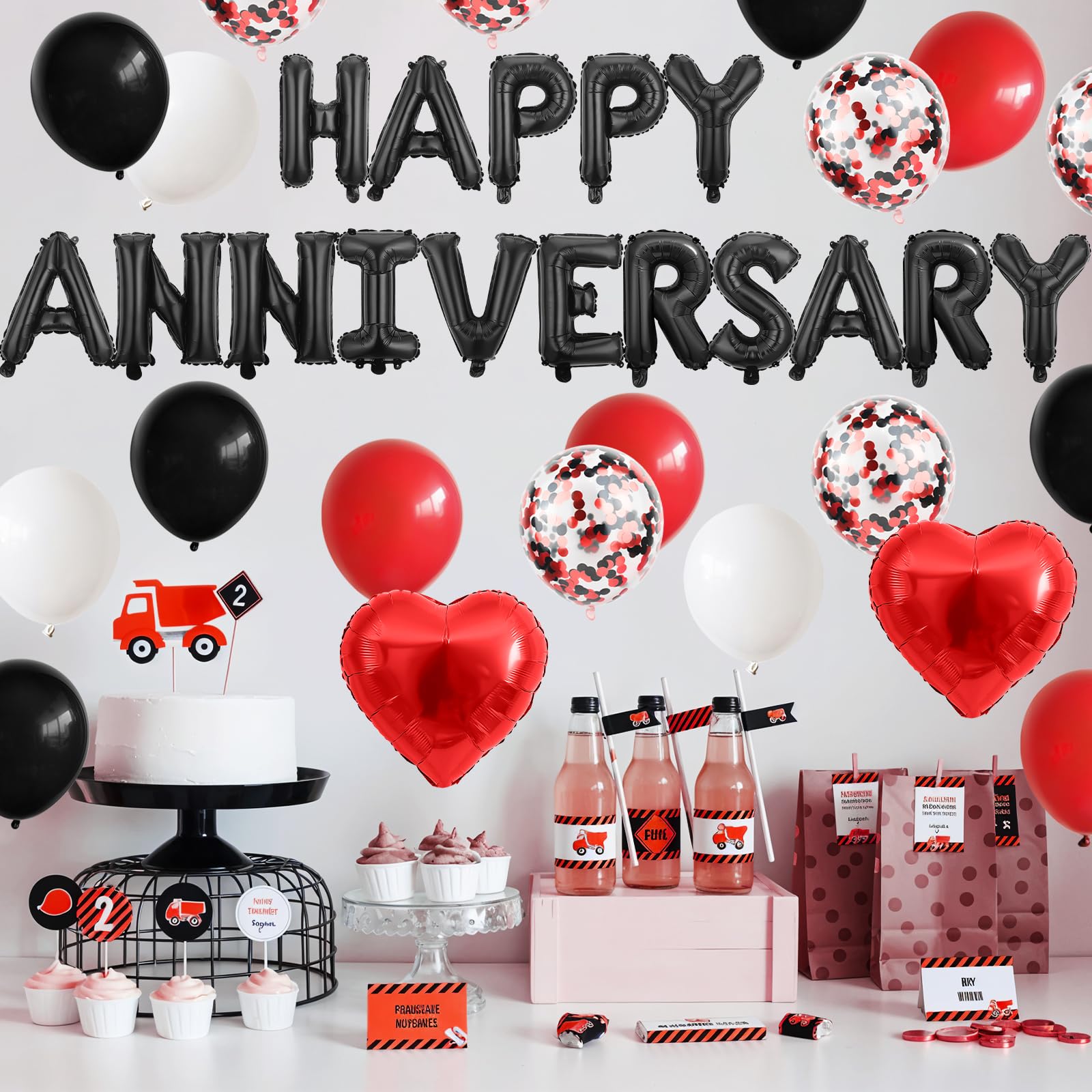 Anniversary Decorations Black Red,Happy Anniversary Foil Balloon Banner with Confetti Latex Balloons,Foil Heart Balloons for Celebrations Surprise Events Romantic Night Weddings - Image 3