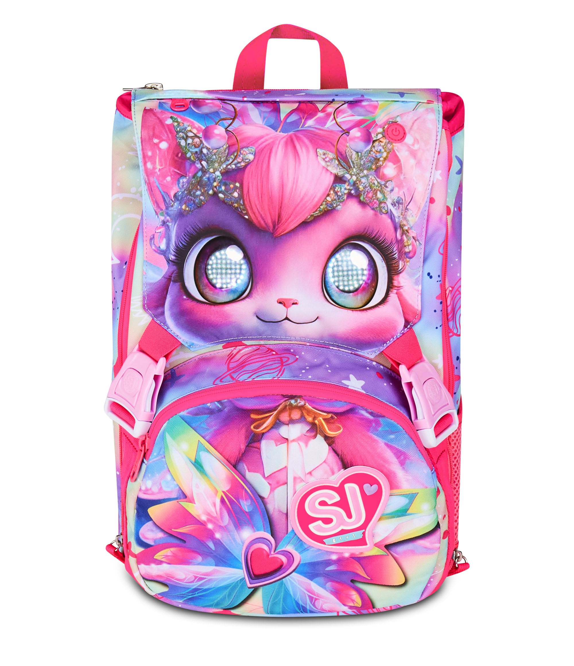 SJ GANG STYLE JAM GANG Zaino Scuola Estensibile Big CATLED, Fucsia, Zaino con Divisorio Interno, Tasca Superiore con Occhi LED, Tasca per Borraccia, 24 L, Zaino Scuola Elementare, Bambina