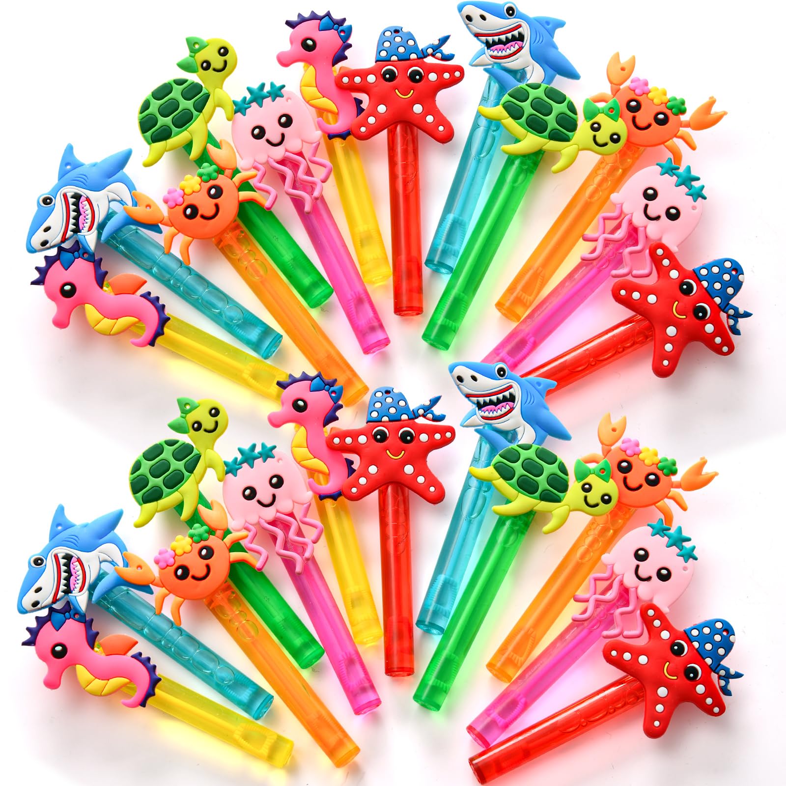 Winrayk Under the Sea Party Favors, 24Pcs Ocean Animal Mini Bubble Wands for Kids Bubbles Bulk with Detachable Topper (6 Styles & Colors), Summer Pool Beach Birthday Goody Bag Stuffer Classroom Prizes
