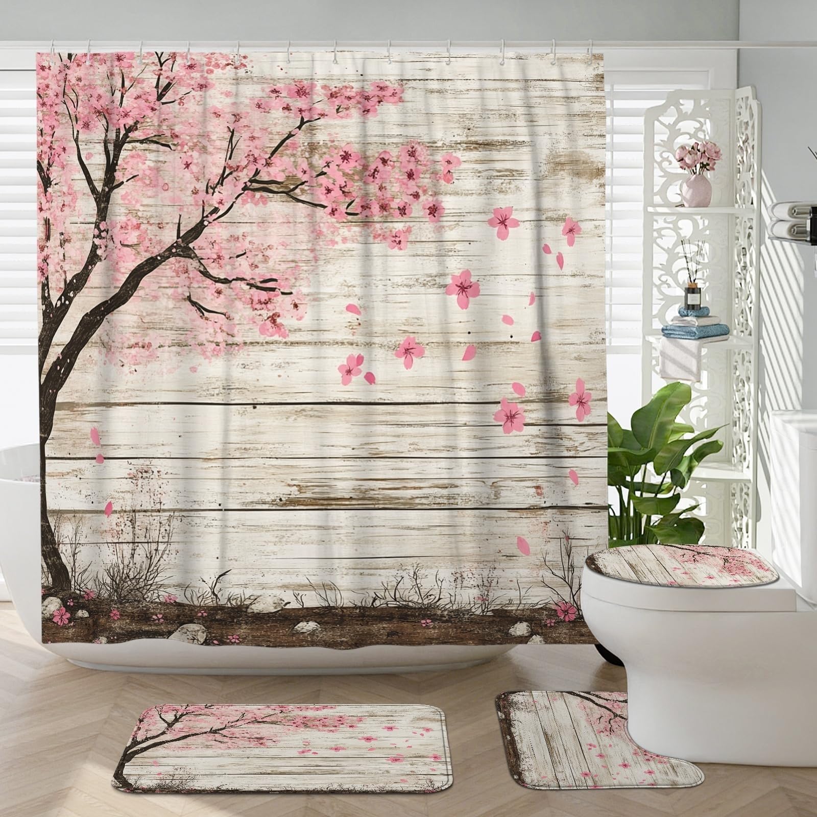 4 cortinas de ducha rústicas de cerezo en flor de primavera de 72 x 72 pulgadas con ganchos, juego de baño con alfombra de baño, cubierta de tapa de inodoro en forma de U, decoración de tela de baño