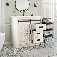 LUXOAK 31" Farmhouse Sliding Barn Door Bathroom Vanity with Integrated Sink, 2 Drawers & Cabinet - Distressed White Freestanding