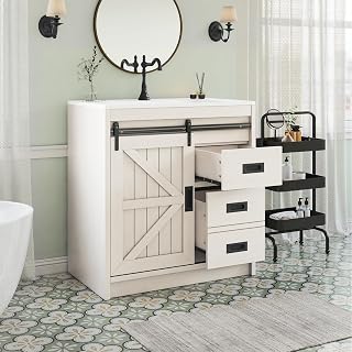 LUXOAK 31" Farmhouse Sliding Barn Door Bathroom Vanity with Integrated Sink, 2 Drawers & Cabinet - Distressed White Freestanding